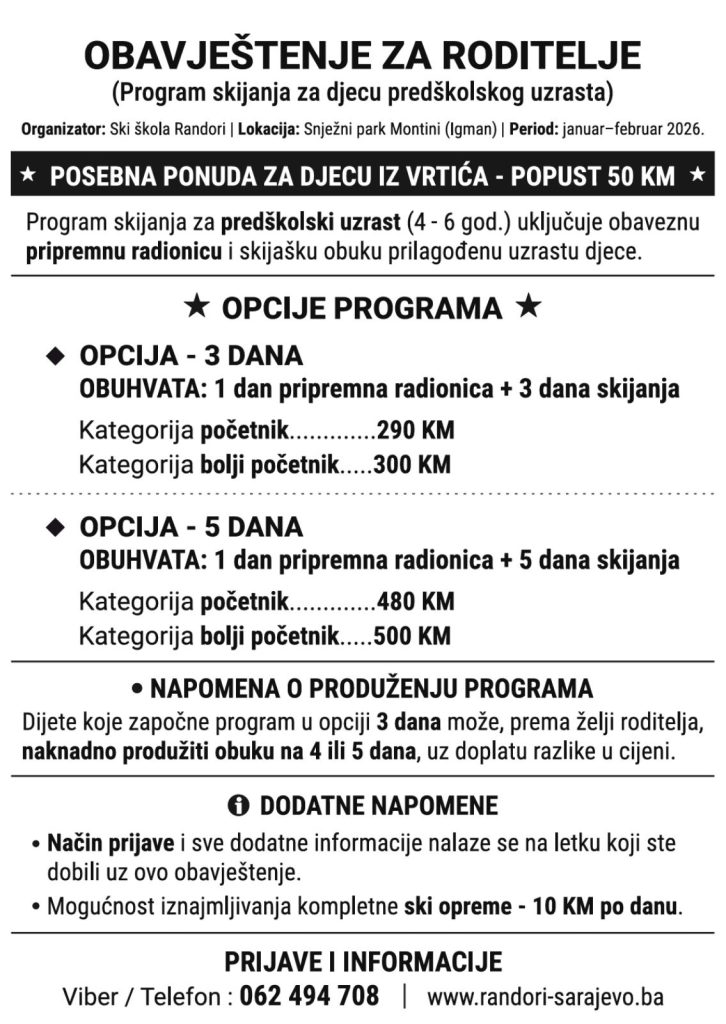 Program skijanja za djecu predškolskog uzrasta - Sarajevo